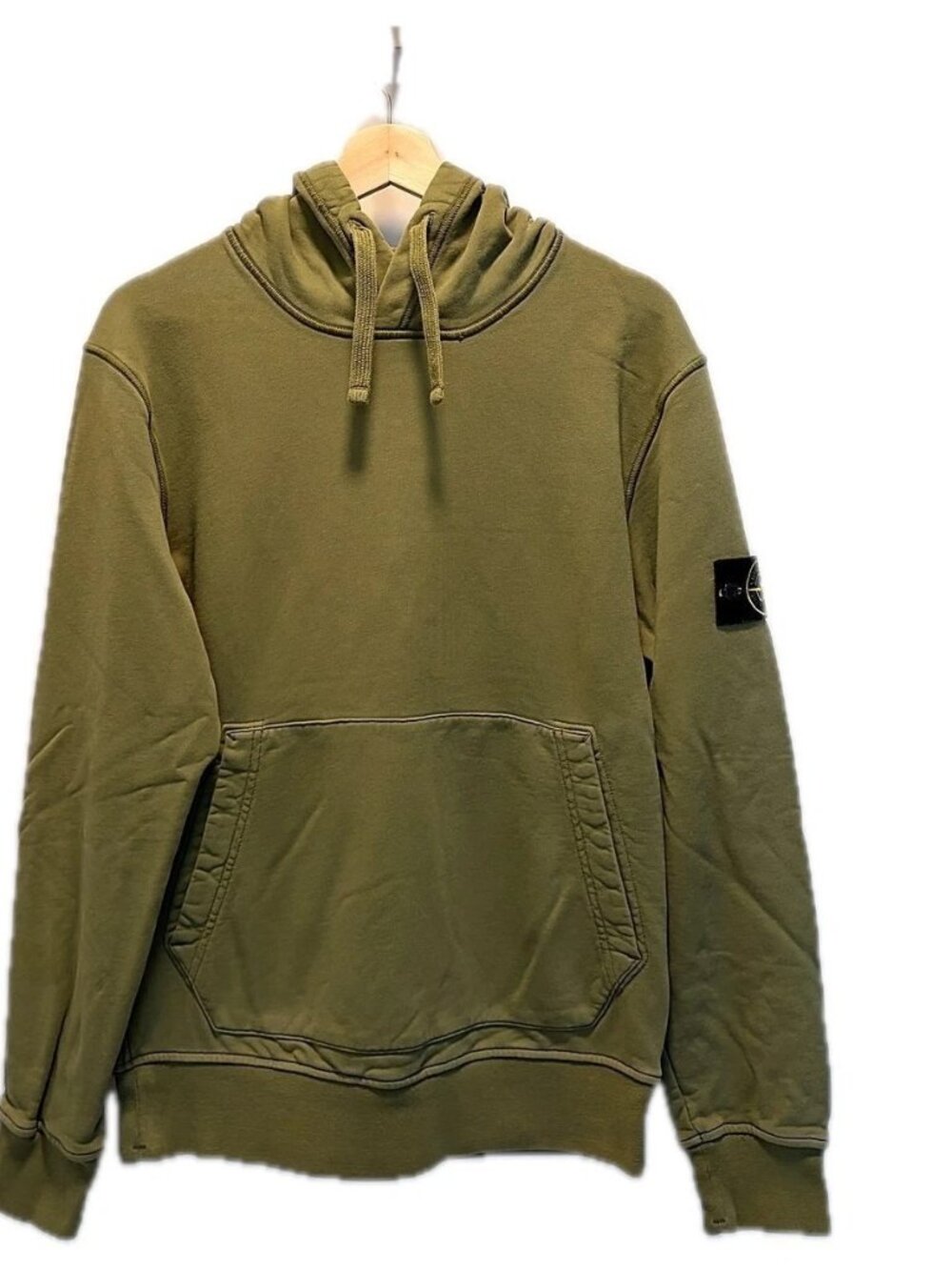 Stone Island Hoodie 64151 Mens M Olive Green Garment Dyed Cotton Compass Badge